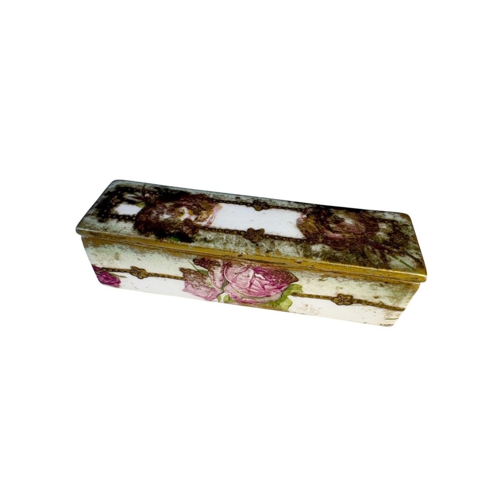 Limoges France‎ Trinket Box Floral Rose 4" Porcelain Gilt Victorian READ